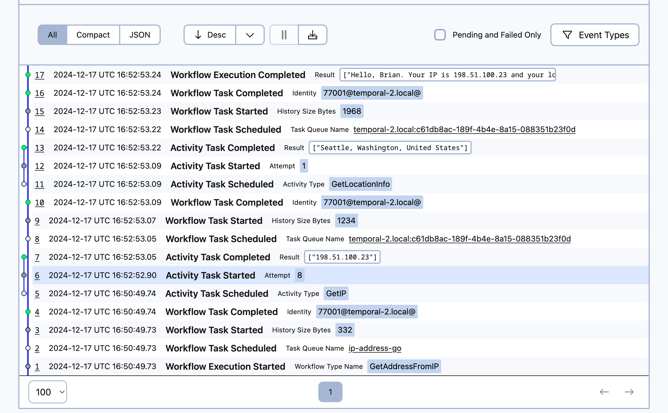 Once the network comes back the history updates and shows that things completed.